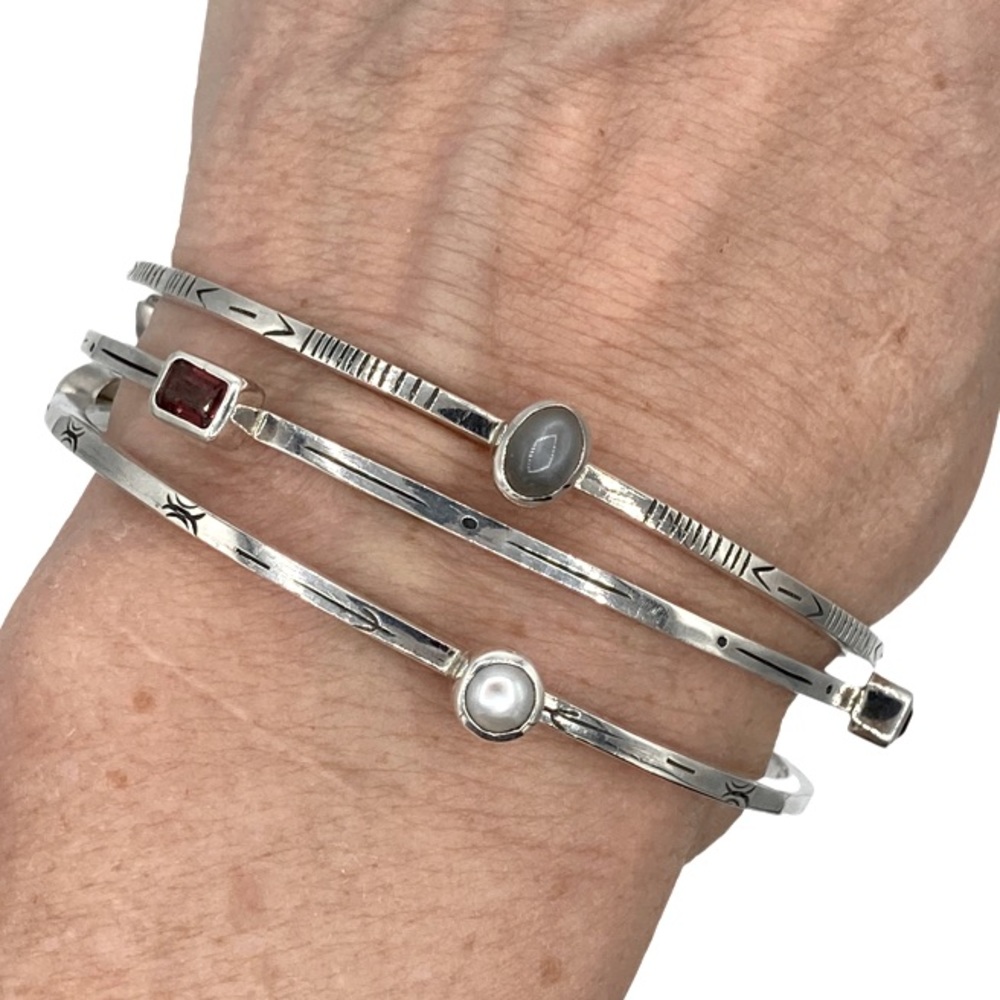 NWT Mariposa Designs Sterling, Pearl, Moonstone, Garnet  3 Bangle Bracelet Set
